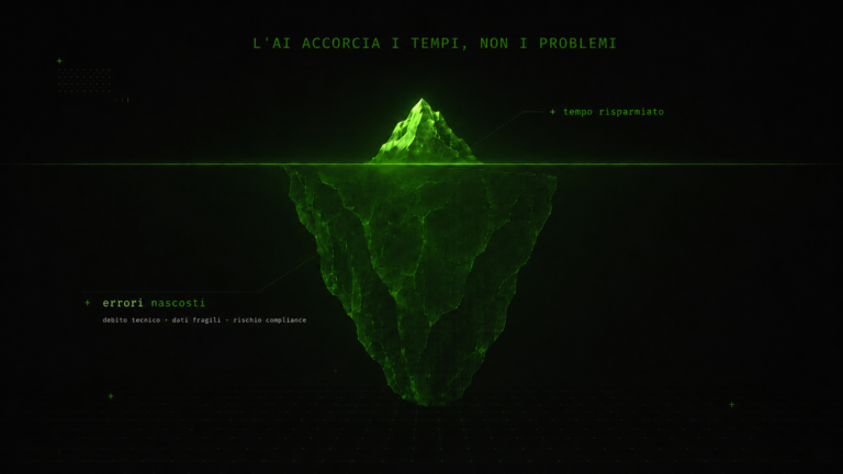 Iceberg digitale verde su sfondo scuro che rappresenta gli errori nascosti dall’AI sotto la superficie del tempo risparmiato