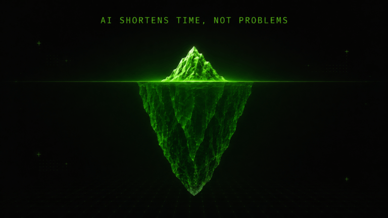 Green digital iceberg on a dark background representing AI-hidden errors beneath the surface of saved time