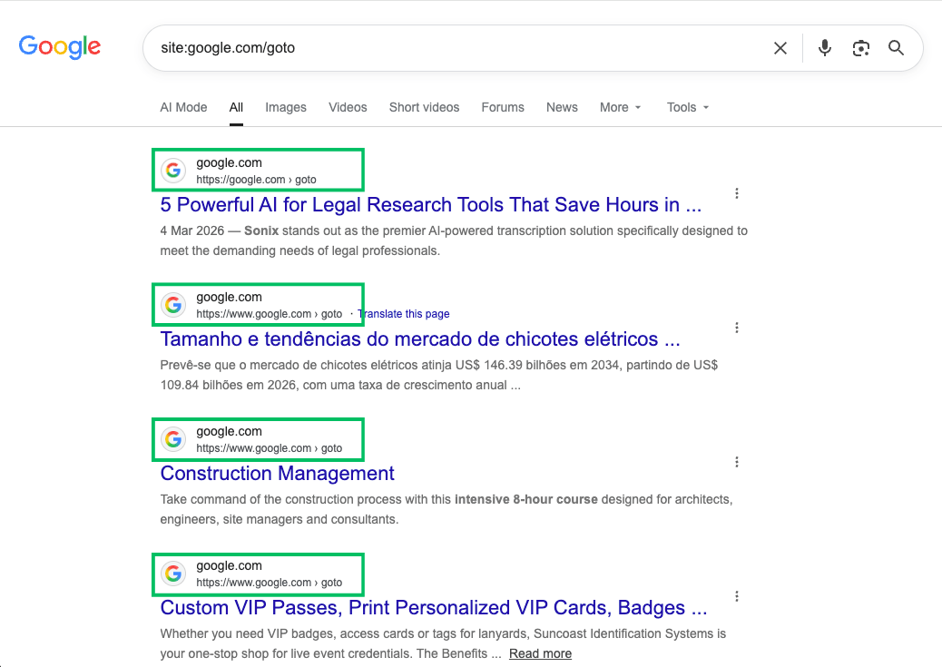 Risultati Google per la query site:google.com/goto: più pagine indicizzate sotto il dominio google.com con titoli e snippet di siti di terze parti (strumenti di ricerca legale, mercato dei cablaggi elettrici, corsi di construction management)